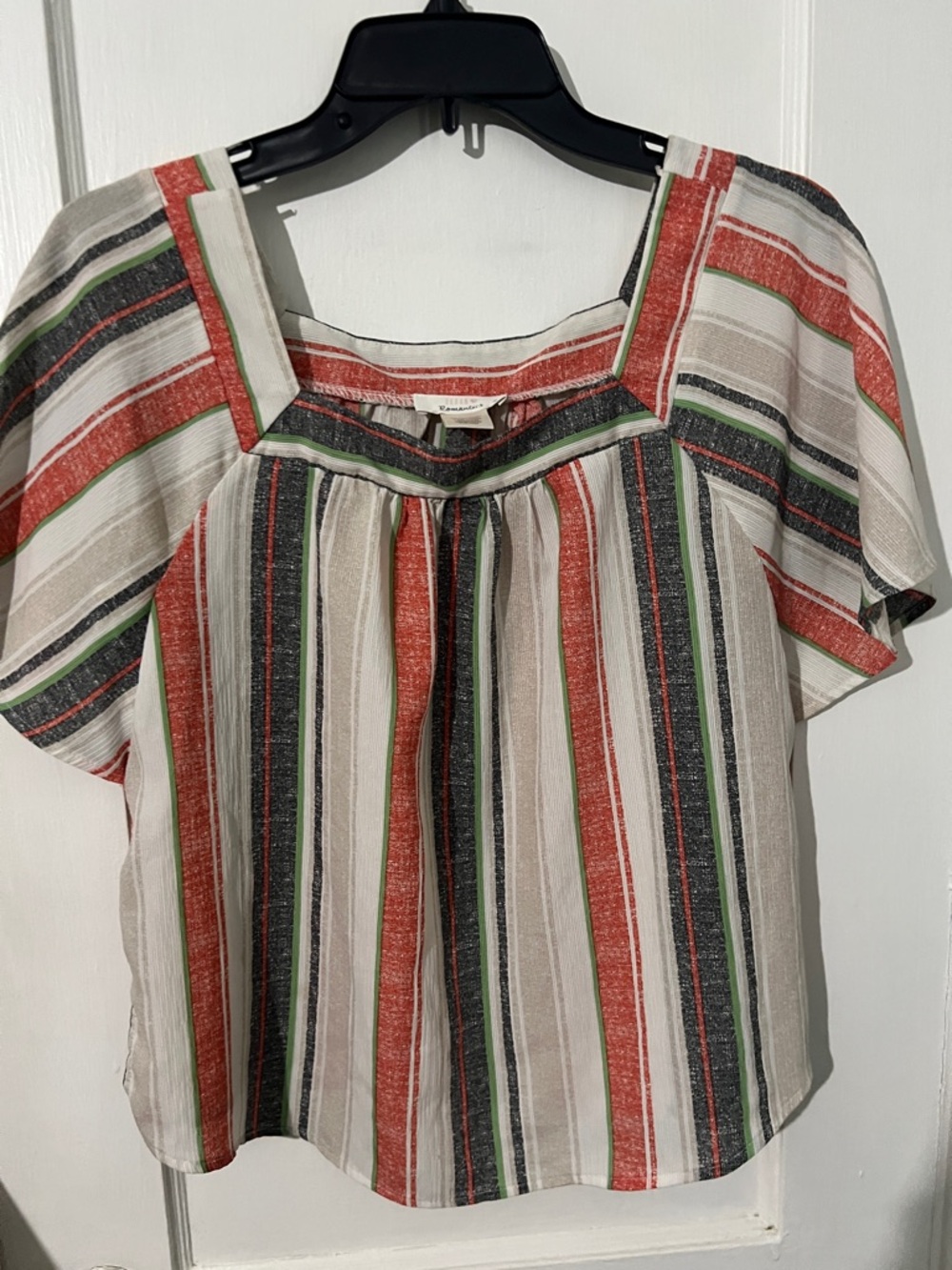 URBAN Romantics Striped Square-Neck Short Sleeve Top in Cream, Red & Green